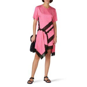 Koché Collective Leopard Short Sleeve Lace Accent Uneven Hem Knee Length Dress